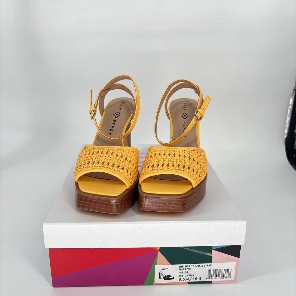 Katy Perry Platform Heels Woven Steady Ankle Strap Block Heel Sandals Yellow 8.5 - Picture 4 of 12